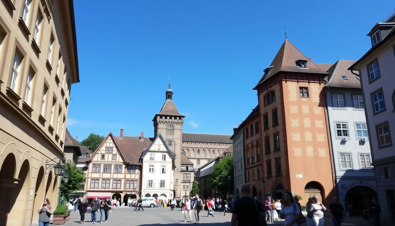 Scenic view of Trier's historic center with the Porta Nigra gate visible in the background