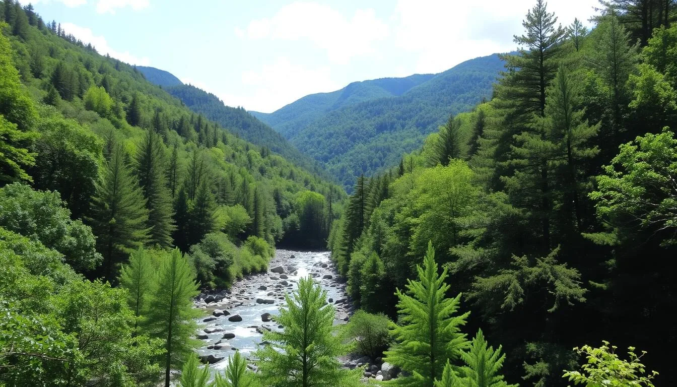 Scenic view of Trough Creek State Park Pennsylvania showing forested mountains and creek