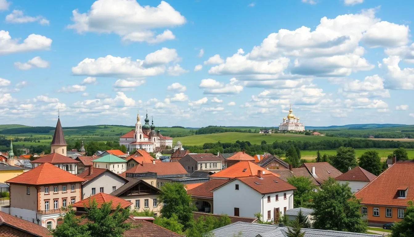 Scenic view of Tula Oblast countryside with traditional Russian architecture in the foreground and rolling hills in the background