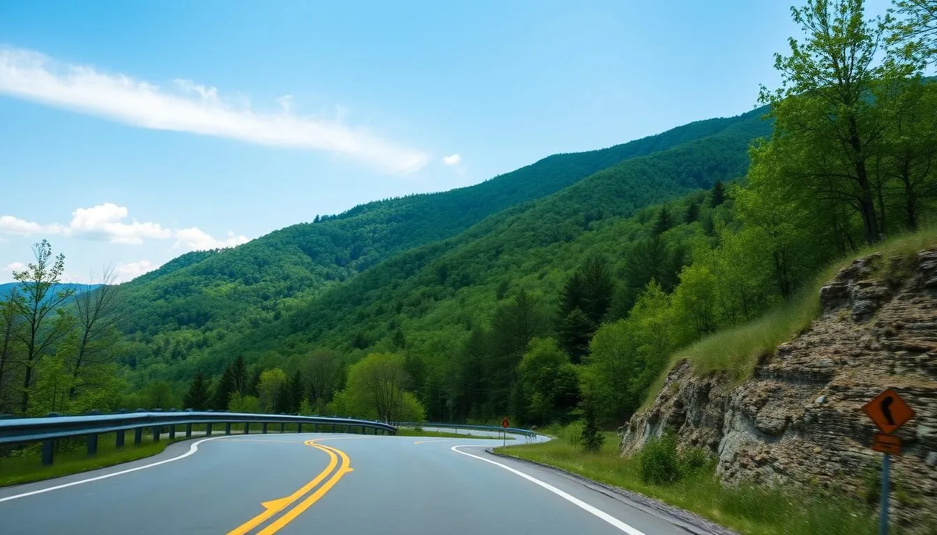 Scenic view of Tuscarora Mountain Pennsylvania with winding road approaching the mountain range