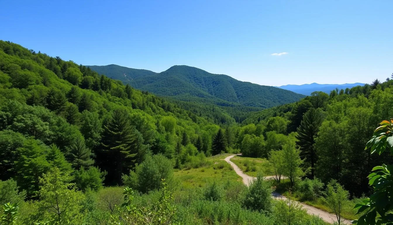Scenic view of Tuscarora State Park Pennsylvania with mountain backdrop and forest trails