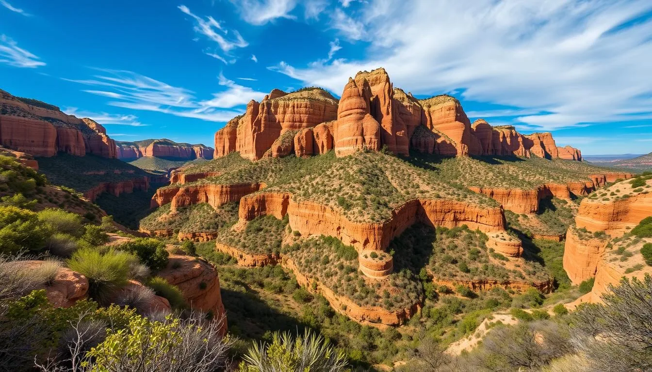 Scenic view of Walnut Canyon National Monument with its dramatic canyon walls and lush vegetation