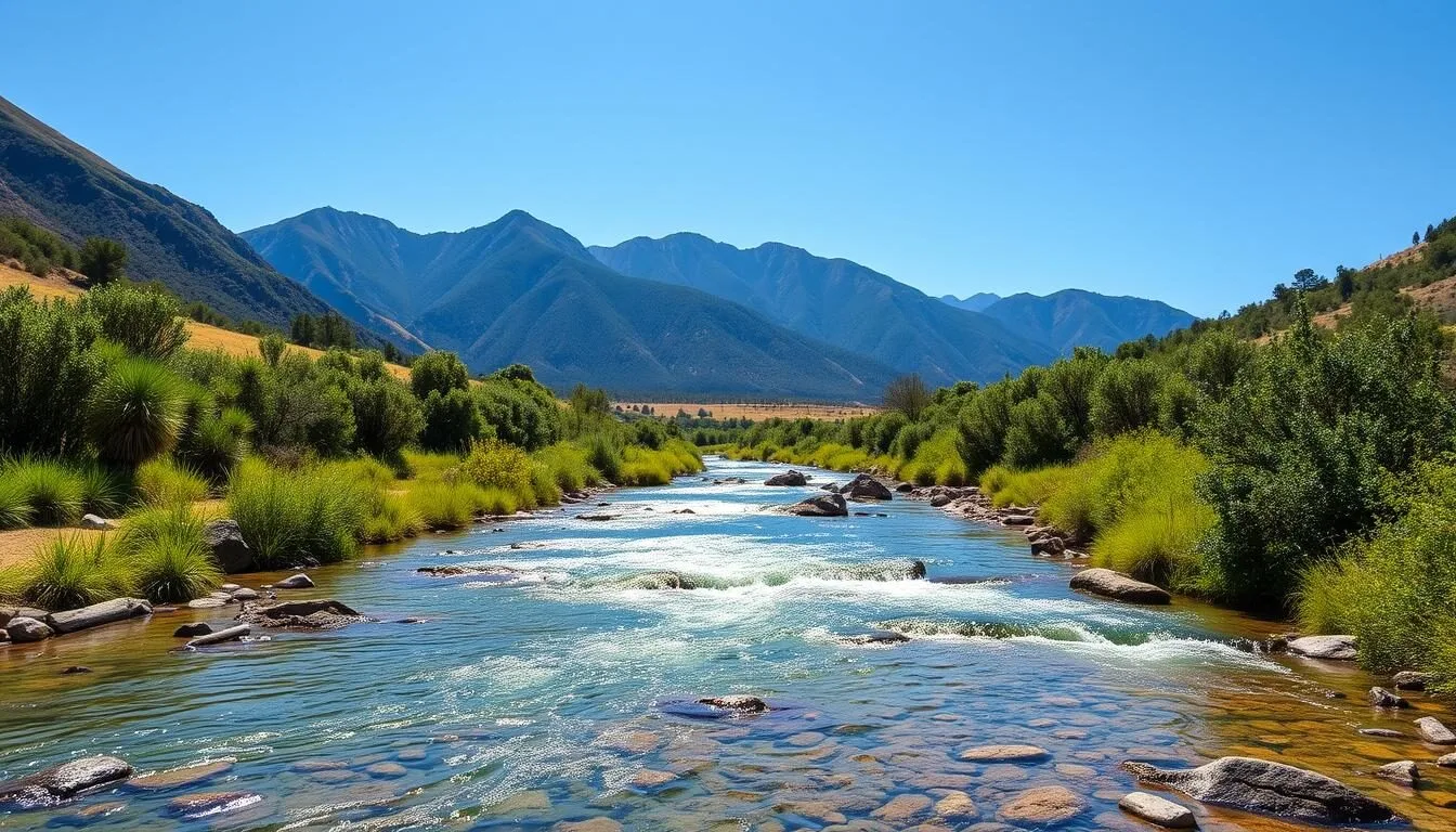 Scenic view of Ward Creek with mountains in the background on a clear day