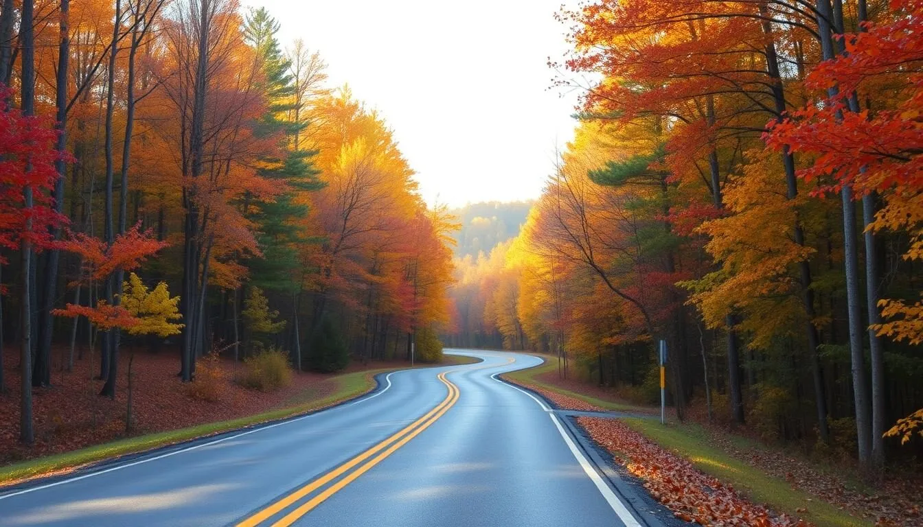 Scenic view of Warriors Path State Park entrance road with autumn foliage