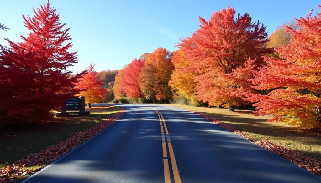 Scenic view of Washington Crossing Historic Park entrance road in autumn