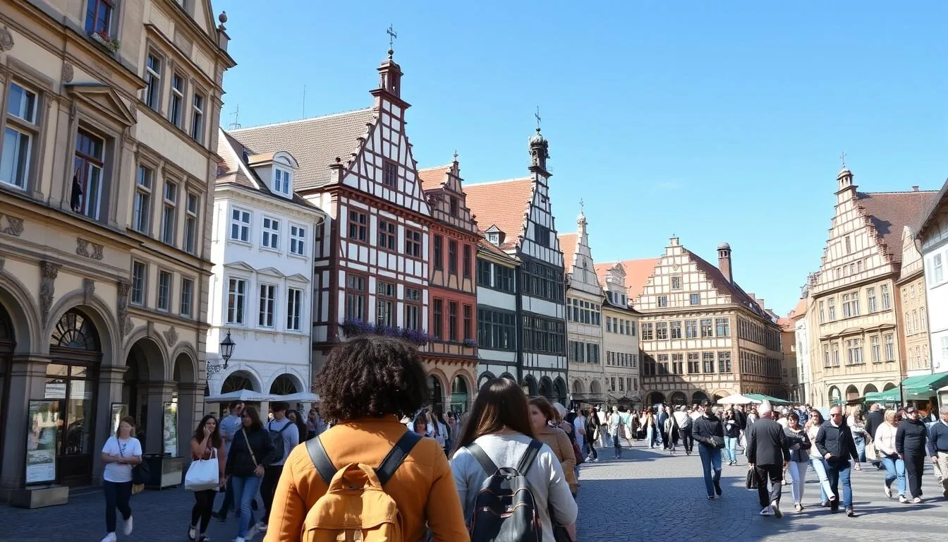 Scenic view of Weimar's historic city center with baroque buildings and cobblestone streets