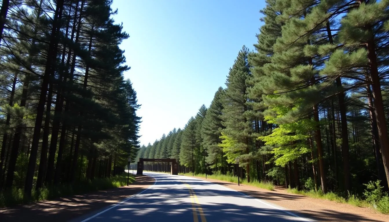 Scenic-view-of-White-Pines-Forest-State-Park-entrance-road-surrounded-by-tall-white-pine-trees- Scenic view of White Pines Forest State Park entrance road surrounded by tall white pine trees on a sunny day