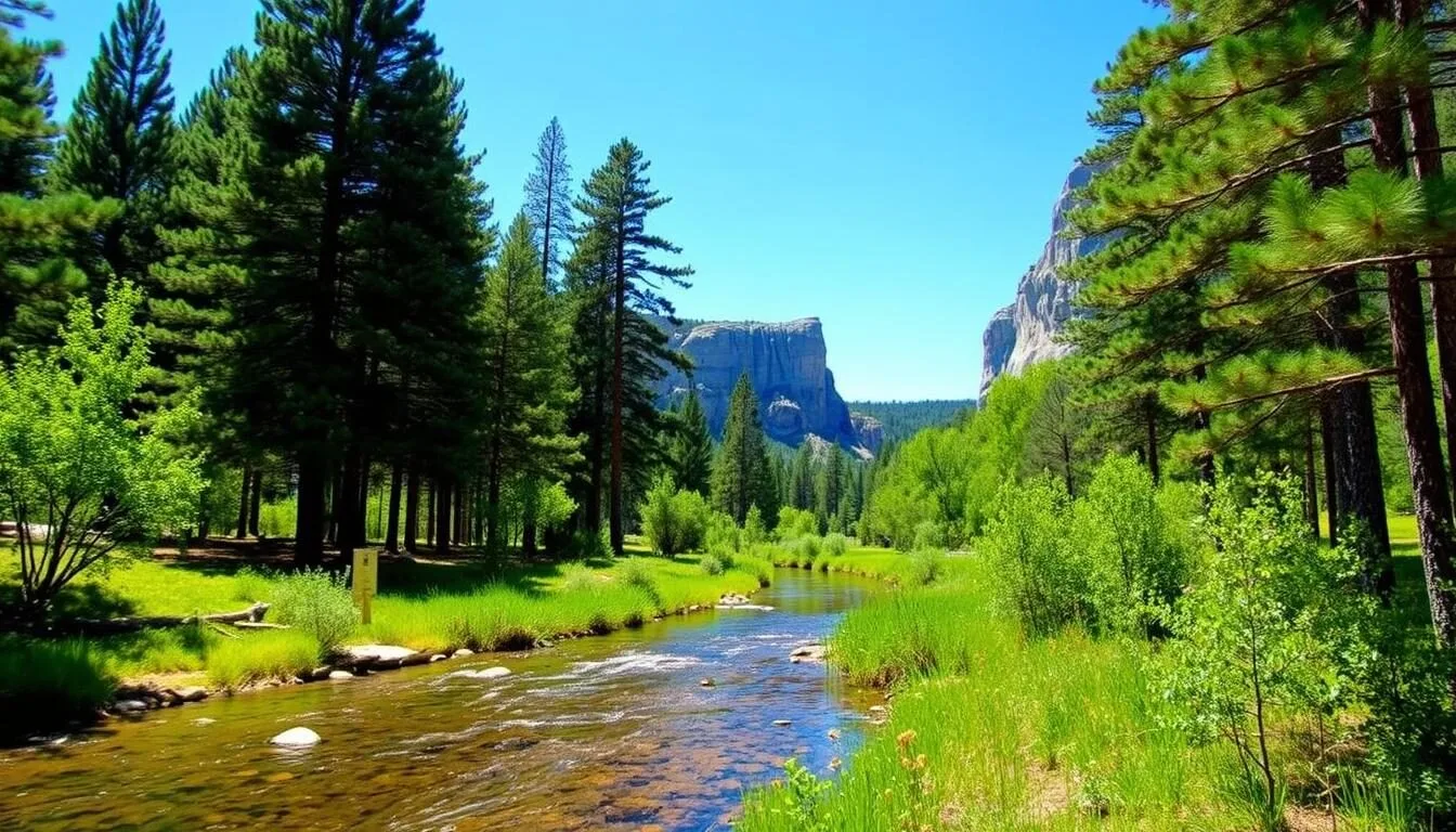 Scenic view of White Pines Forest State Park showing tall white pine trees alongside a clear stream with limestone bluffs in the background