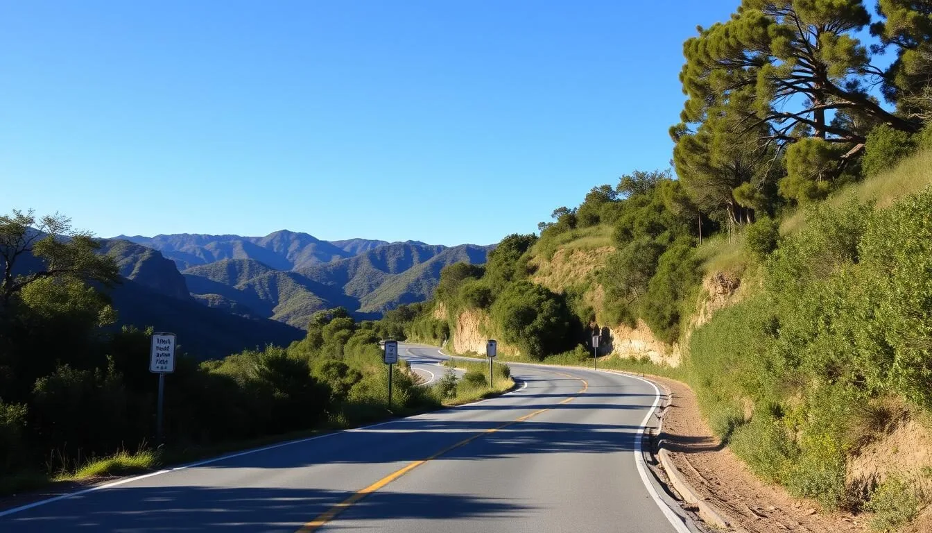 Scenic view of Will Rogers State Historic Park entrance road with mountains in background