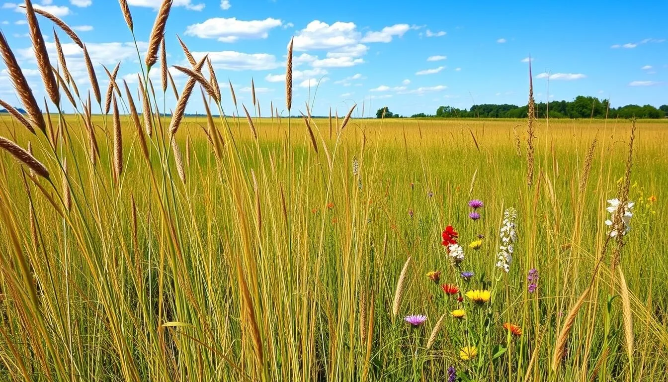 Scenic view of Wolf Road Prairie Nature Preserve with tall grasses and wildflowers on a sunny day