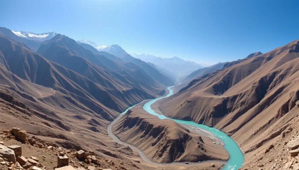 Scenic view of Zanskar Valley showing dramatic mountain landscape with a winding river and small village Scenic view of Zanskar Valley showing dramatic mountain landscape with a winding river and small village