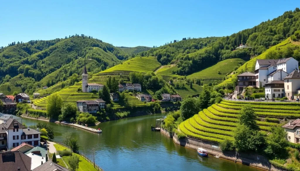 Scenic view of a charming village in the Moselle Valley with vineyards and the river