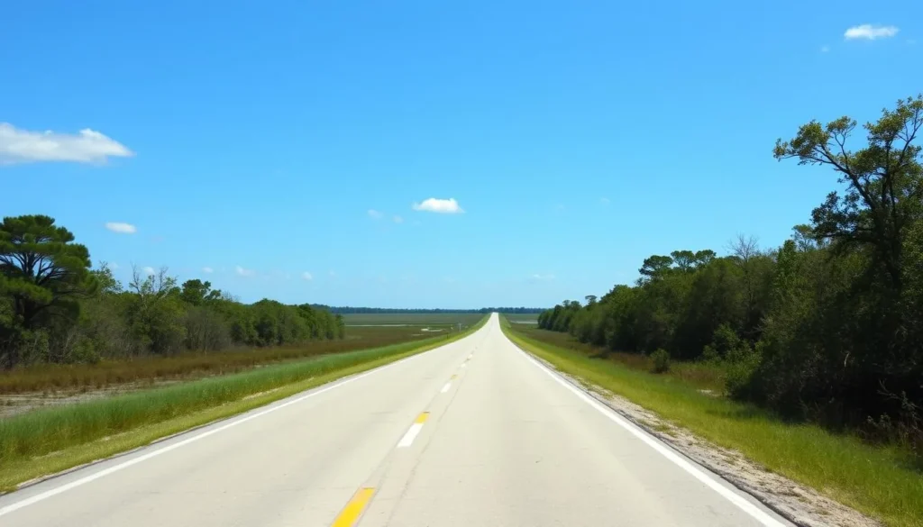 Scenic view of a road leading to Lacassine Wetlands Louisiana with marsh landscapes on both sides Scenic view of a road leading to Lacassine Wetlands Louisiana with marsh landscapes on both sides