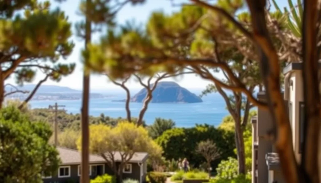 Scenic view of accommodations near Morro Bay with the bay and Morro Rock visible in the background