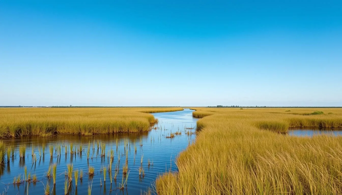 Scenic view of coastal wetlands along the Creole Nature Trail leading to Rabbit Island, Louisiana
