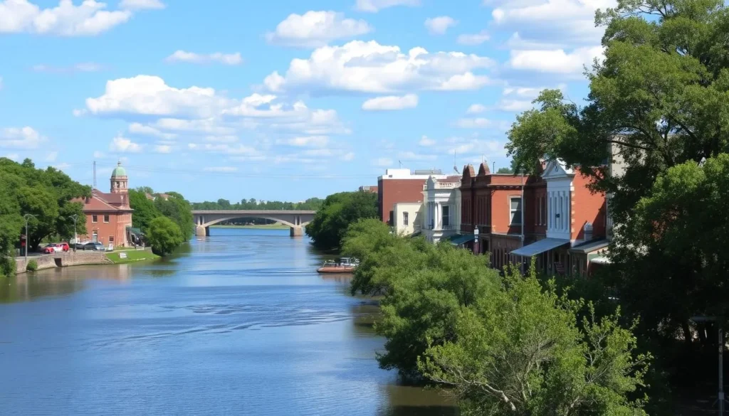 Scenic view of nearby Monroe, Louisiana with Ouachita River and historic architecture