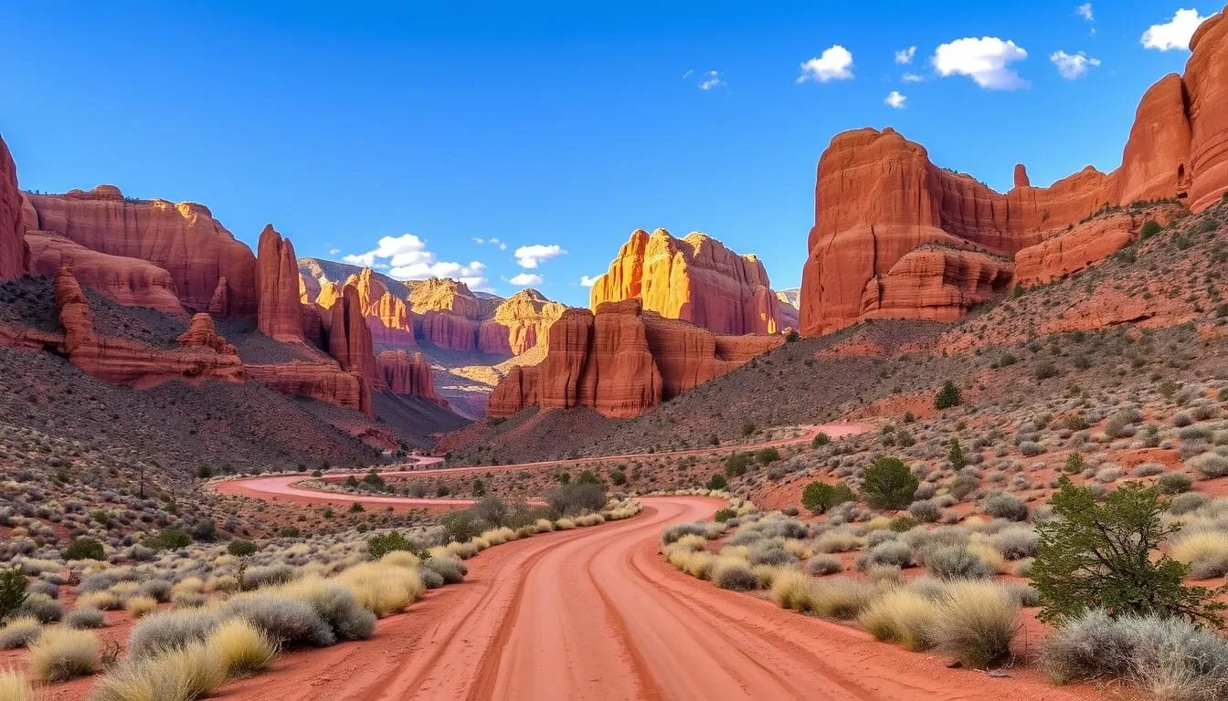 Scenic view of red rock formations in Escalante Canyon, Colorado with winding road in foreground
