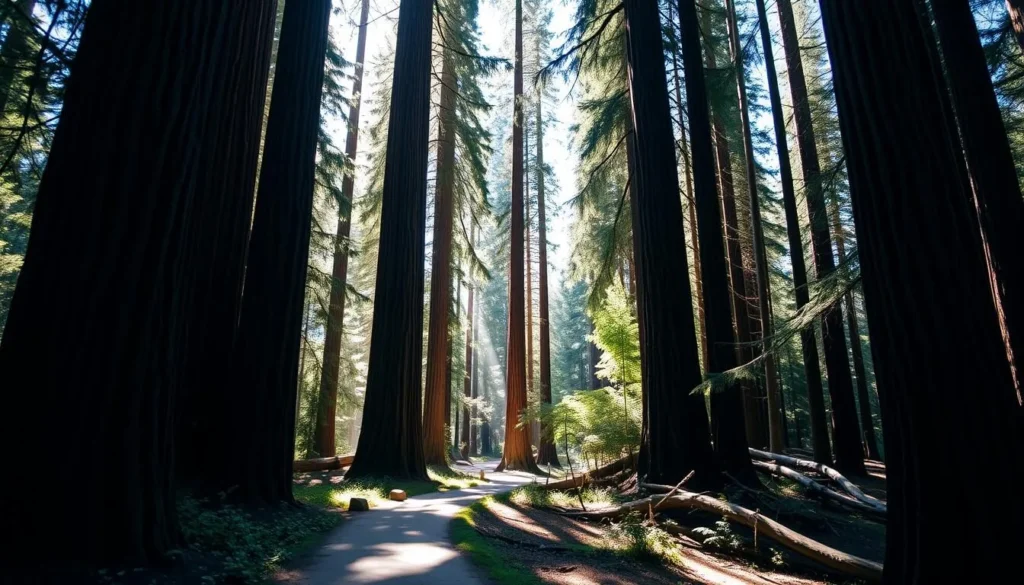 Scenic view of redwood trees along a trail in Standish-Hickey State Recreation Area Scenic view of redwood trees along a trail in Standish-Hickey State Recreation Area