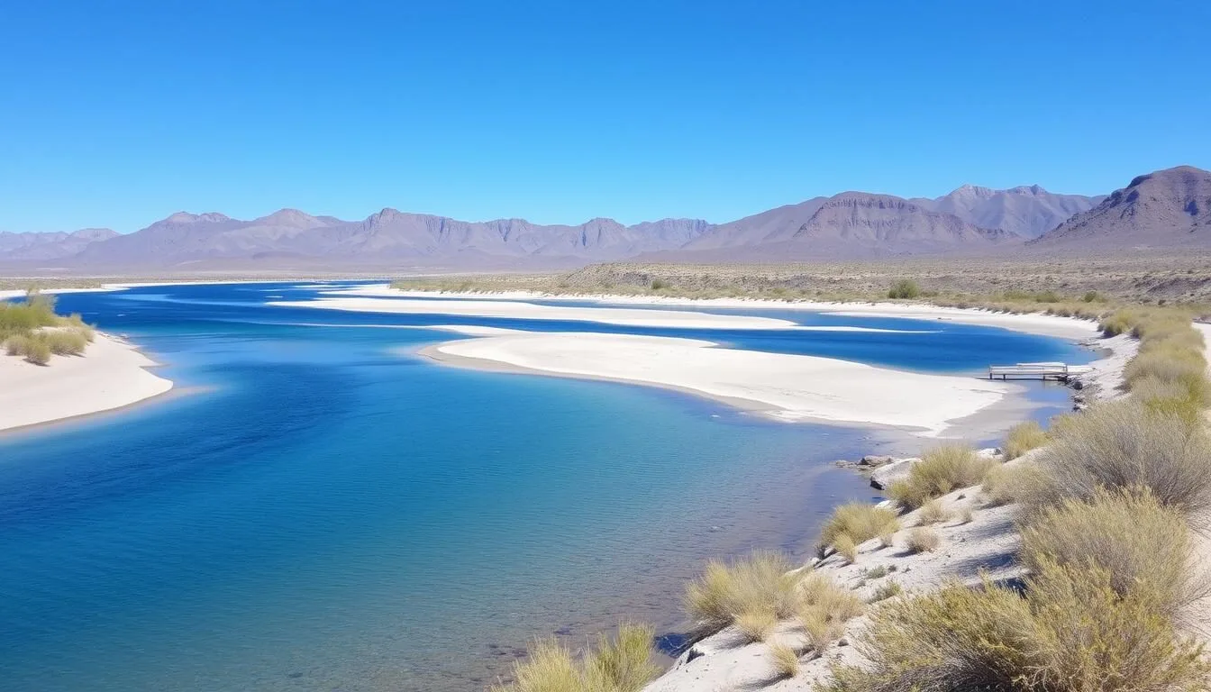 Scenic-view-of-the-Colorado-River-at-Big-Bend-of-the-Colorado-State-Recreation-Area-Nevada-with Scenic view of the Colorado River at Big Bend of the Colorado State Recreation Area Nevada with mountains in the background