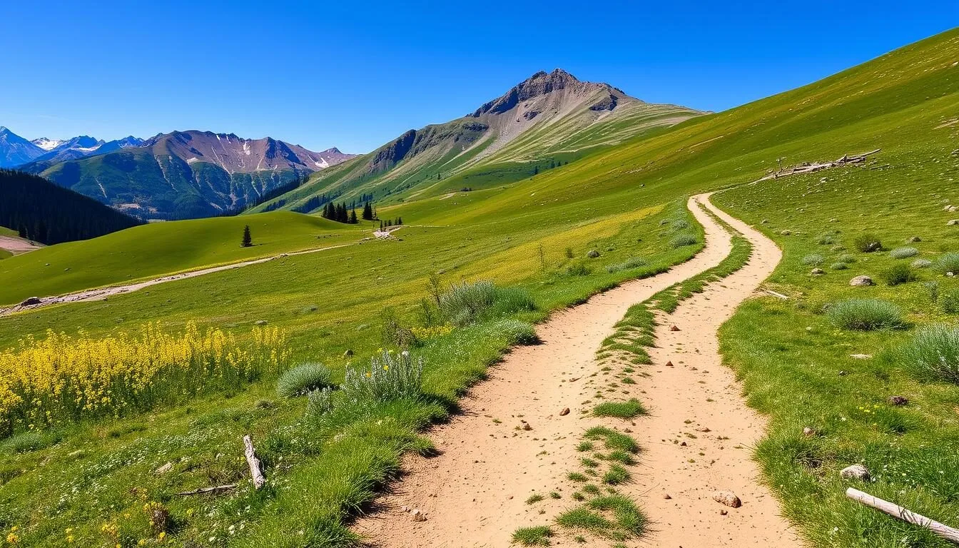 Scenic-view-of-the-Colorado-Trail-with-mountains-in-the-background-and-a-well-maintained-path Scenic view of the Colorado Trail with mountains in the background and a well-maintained path winding through alpine meadows