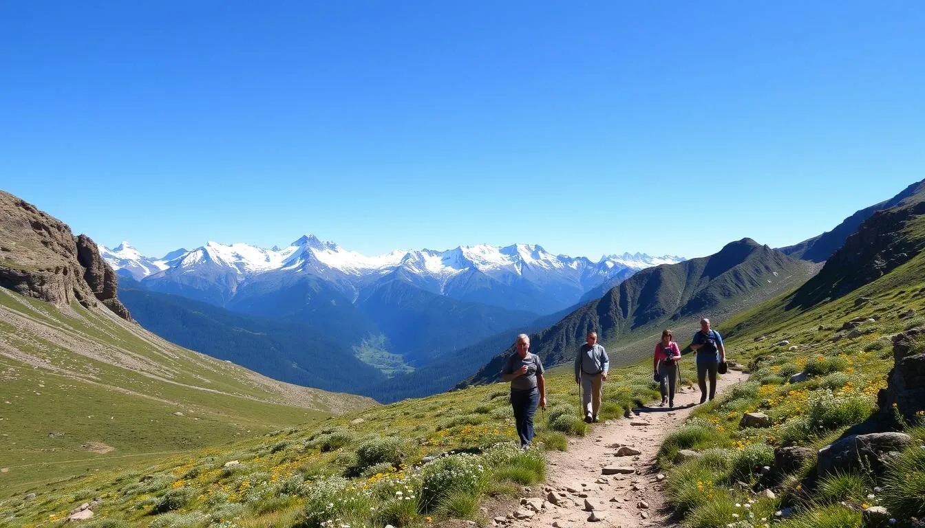 Scenic view of the Continental Divide Trail in Colorado with mountains in the background and hikers on a clear day