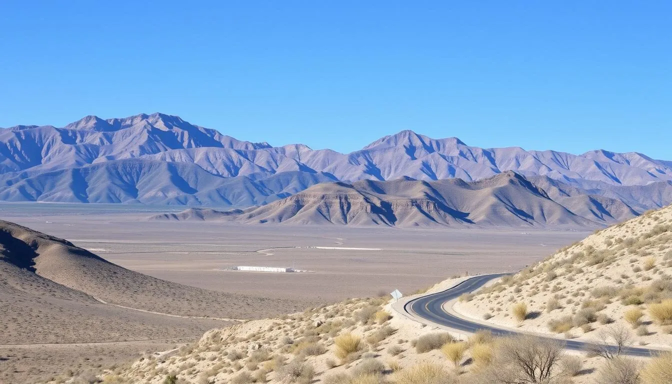Scenic-view-of-the-Egan-Range-mountains-with-a-winding-road-in-the-foreground Scenic view of the Egan Range mountains with a winding road in the foreground