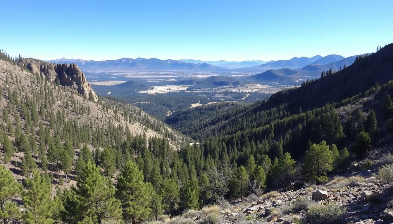 Scenic view of the Gila Wilderness landscape with mountains and forests leading to Turkey Creek Hot Springs, New Mexico