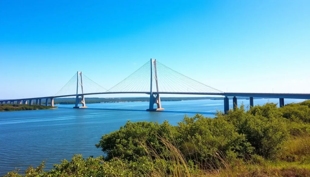 Scenic view of the John James Audubon Bridge connecting to Pointe Coupee Parish with False River in the background Scenic view of the John James Audubon Bridge connecting to Pointe Coupee Parish with False River in the background