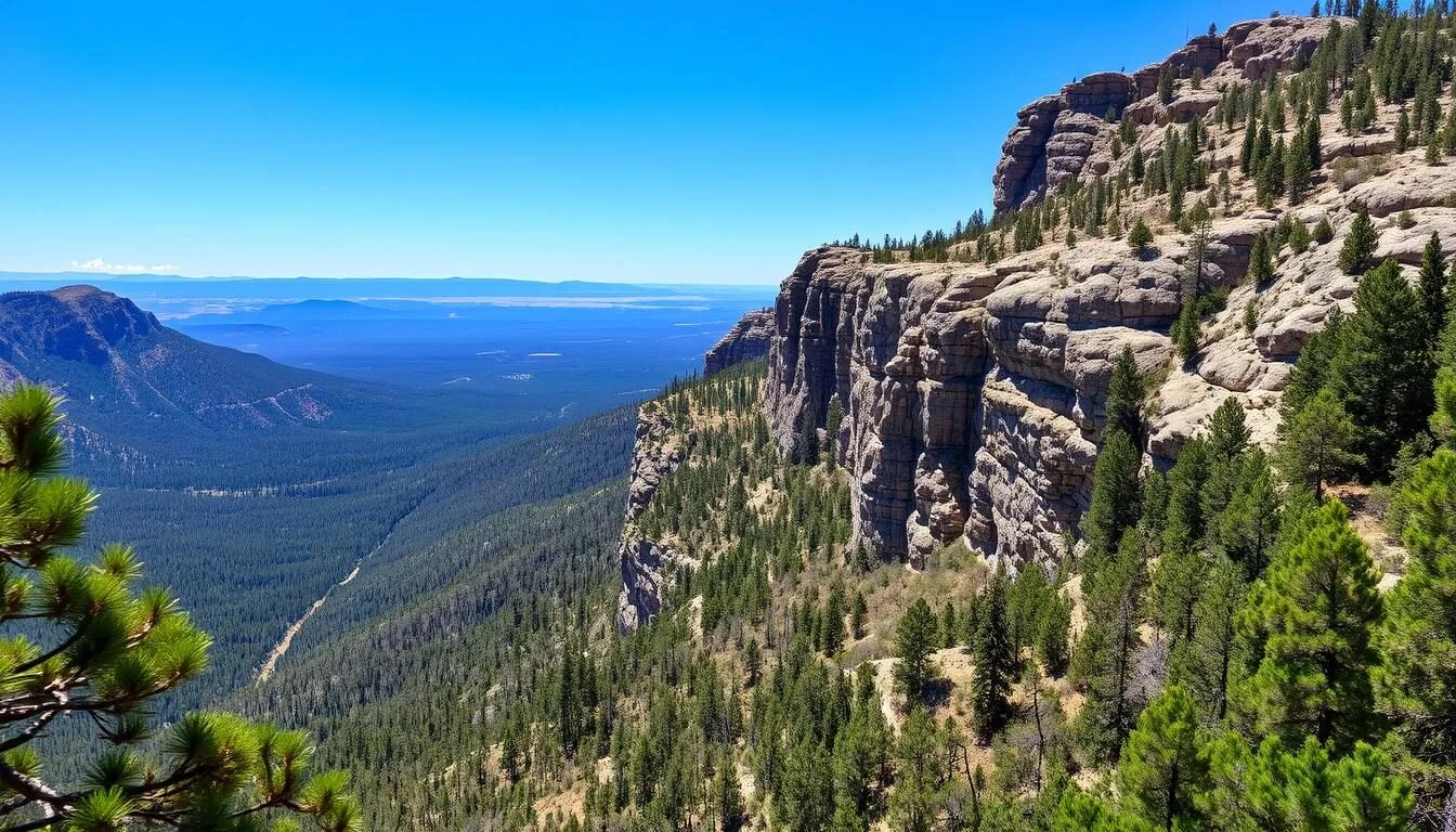 Scenic-view-of-the-Mogollon-Rims-dramatic-escarpment-with-pine-forests-in-the-foreground-on-a- Scenic view of the Mogollon Rim's dramatic escarpment with pine forests in the foreground on a clear day