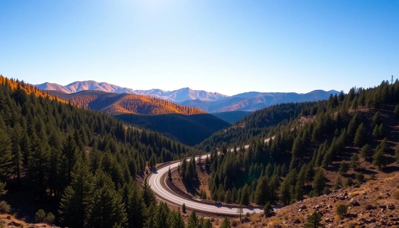 Scenic-view-of-the-Sacramento-Mountains-with-winding-road-and-pine-forests-in-New-Mexico Scenic view of the Sacramento Mountains with winding road and pine forests in New Mexico