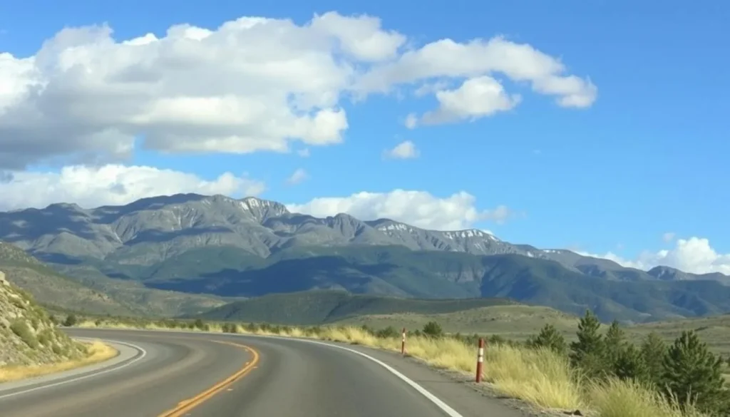Scenic view of the Sangre de Cristo Mountains from a highway approach with dramatic clouds