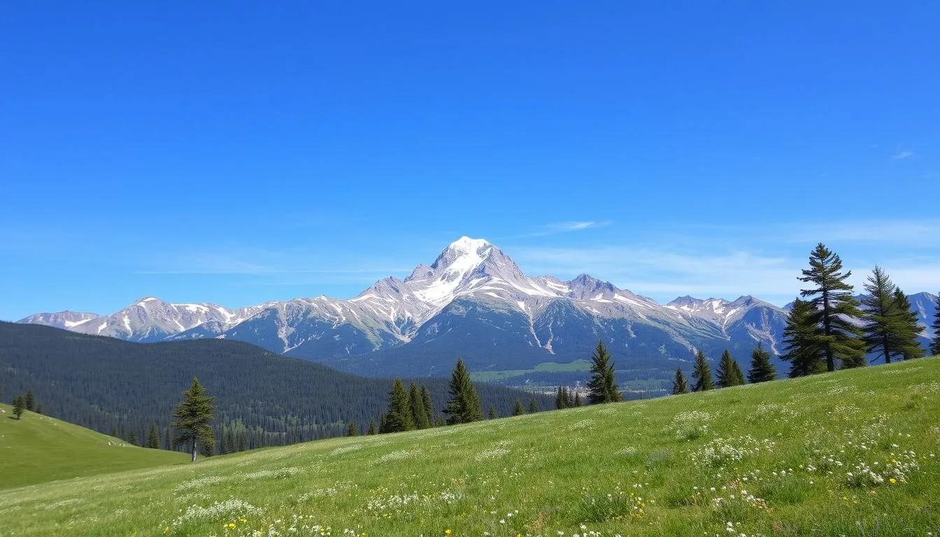 Scenic view of the Sangre de Cristo mountains with Crestone Peak visible in the background on a clear summer day