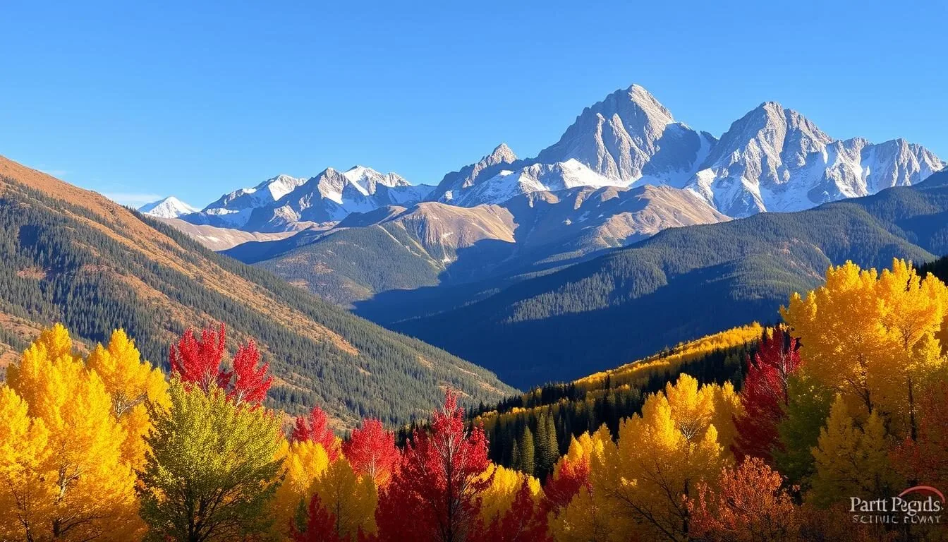 Scenic view of the Spanish Peaks mountains with colorful autumn foliage along the Highway of Legends Scenic Byway in Colorado