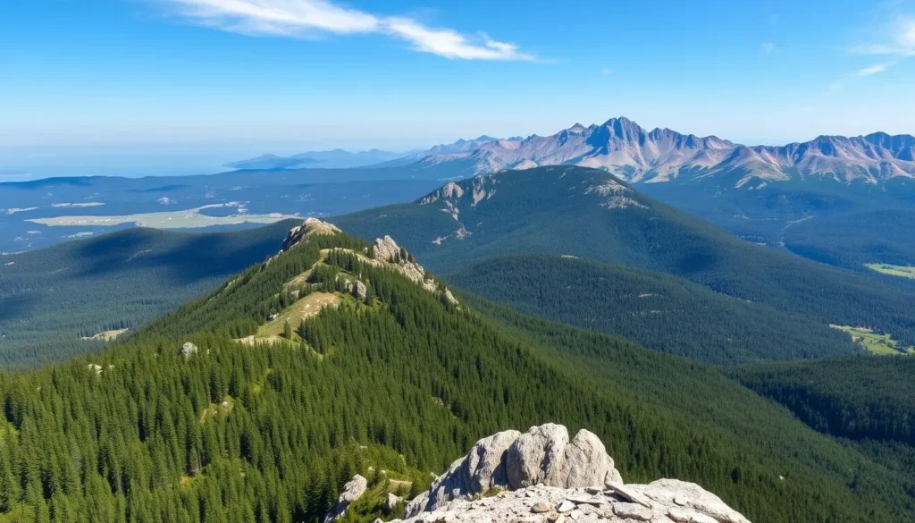 Scenic view of the Ural Mountains in Perm Krai with forests and rocky outcroppings