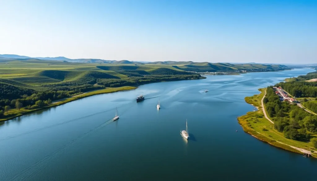 Scenic view of the Volga River in Tatarstan with lush green banks and small boats on the water Scenic view of the Volga River in Tatarstan with lush green banks and small boats on the water