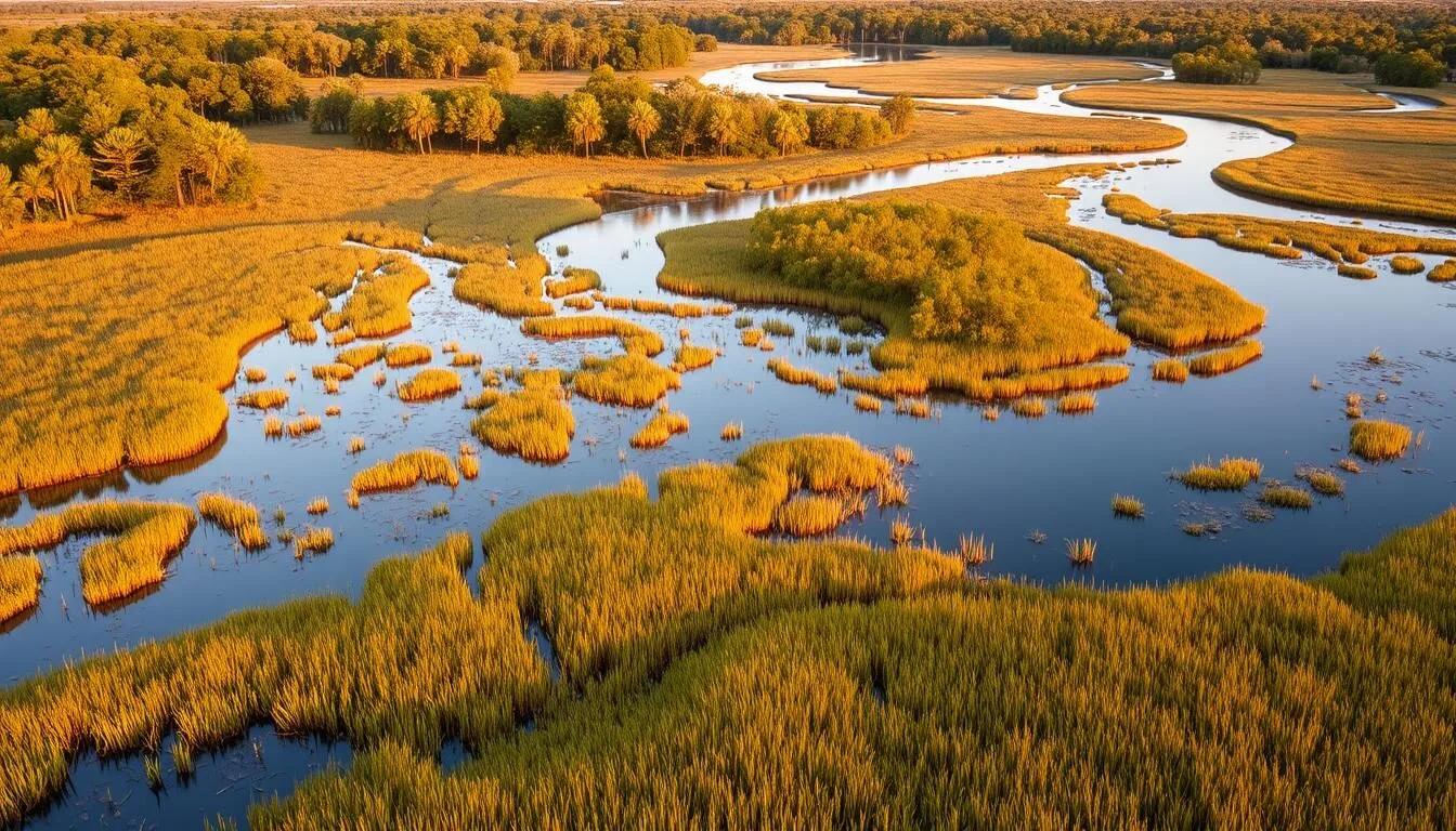 Scenic-view-of-the-marshlands-surrounding-Pecan-Island-Louisiana-with-golden-sunset-light Scenic view of the marshlands surrounding Pecan Island, Louisiana with golden sunset light reflecting on calm waters