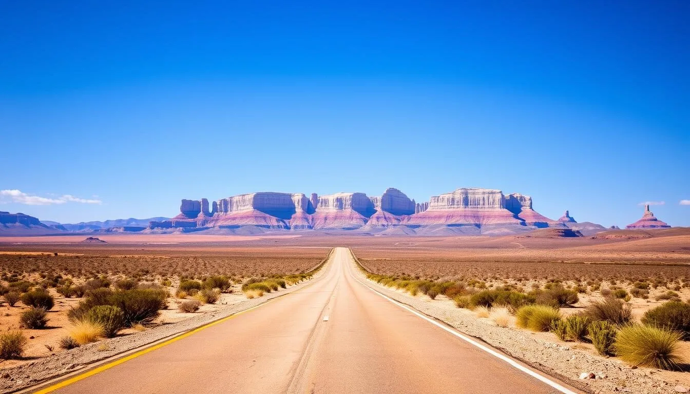 Scenic-view-of-the-road-approaching-Plaza-Blanca-with-dramatic-white-rock-formations-visible-in Scenic view of the road approaching Plaza Blanca with dramatic white rock formations visible in the distance against a blue New Mexico sky