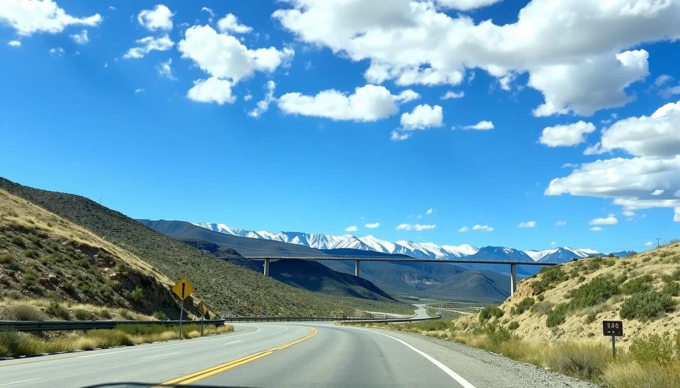 Scenic-view-of-the-road-approaching-Rio-Grande-Gorge-Bridge-with-mountains-in-the-distance Scenic view of the road approaching Rio Grande Gorge Bridge with mountains in the distance