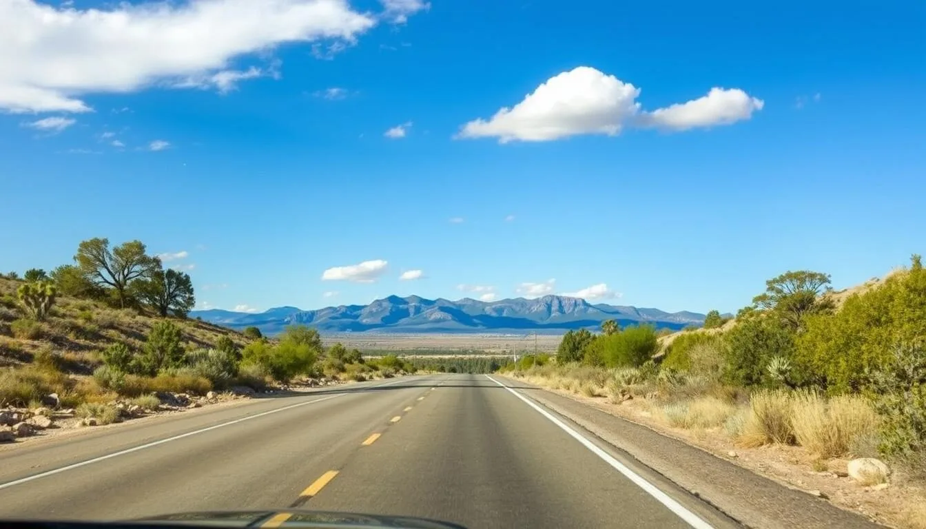 Scenic view of the road approaching Santa Fe Botanical Garden with mountains in the background