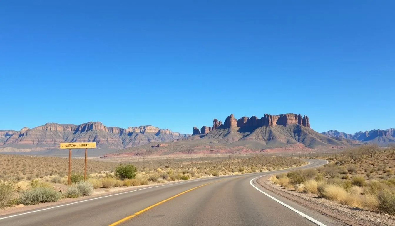 Scenic view of the road approaching Tent Rocks National Monument with mountains in the background and desert landscape