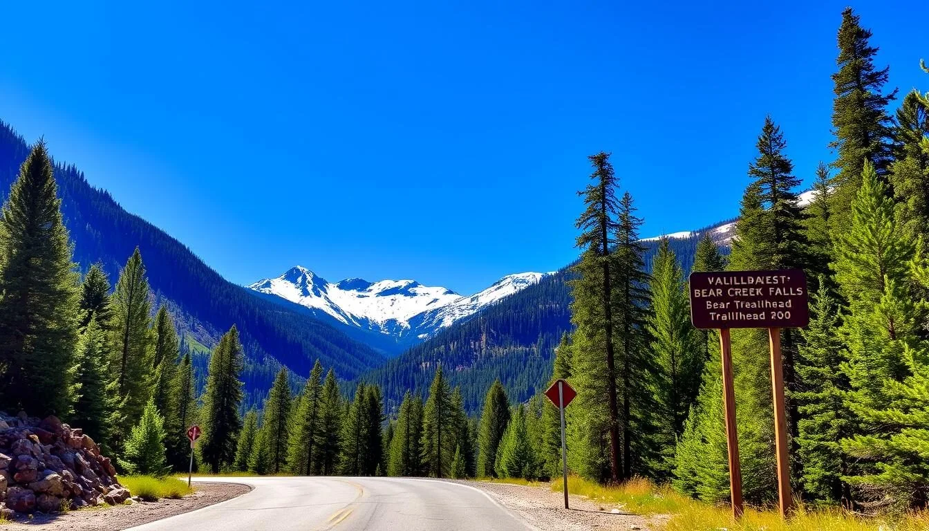 Scenic-view-of-the-road-leading-to-Bear-Creek-Falls-trailhead-with-mountains-in-the-background-1 Scenic view of the road leading to Bear Creek Falls trailhead with mountains in the background