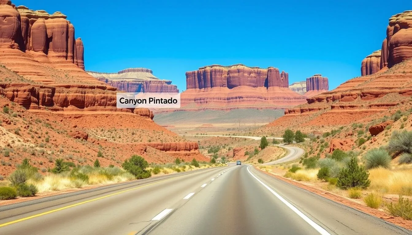 Scenic-view-of-the-road-leading-to-Canyon-Pintado-Uplands-with-colorful-sandstone-formations-in Scenic view of the road leading to Canyon Pintado Uplands with colorful sandstone formations in the background