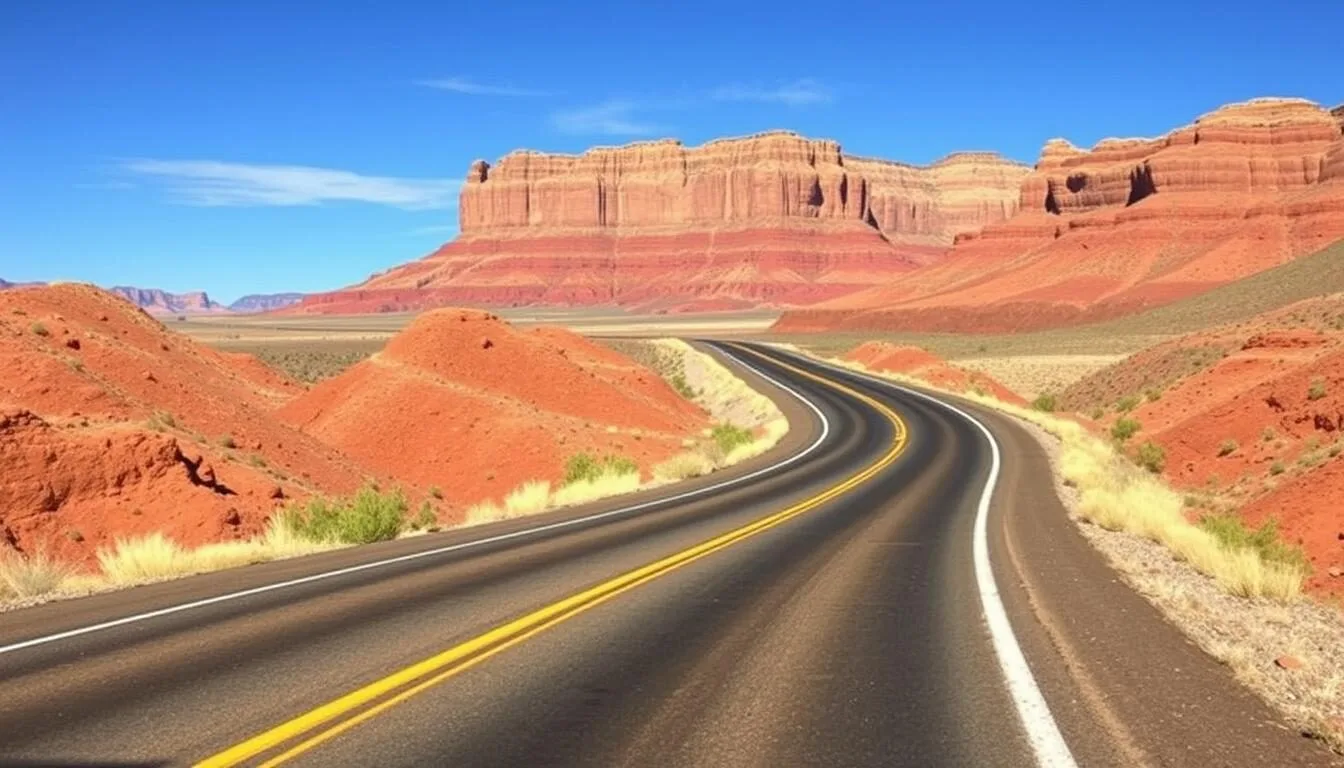 Scenic view of the road leading to De Beque Plateau, Colorado with mountains in the background and clear blue skies