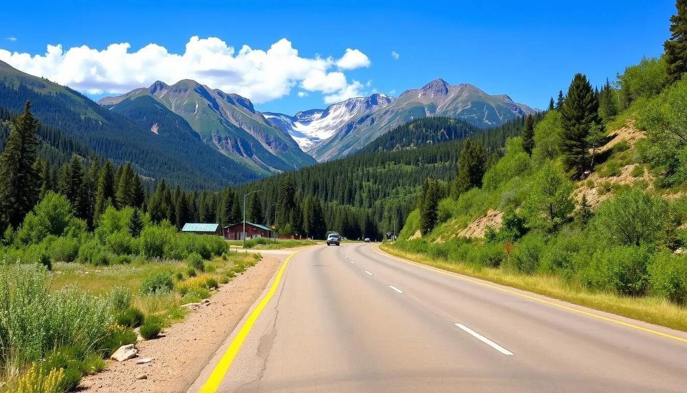 Scenic-view-of-the-road-leading-to-Ouray-Colorado-with-mountains-in-the-background Scenic view of the road leading to Ouray, Colorado with mountains in the background