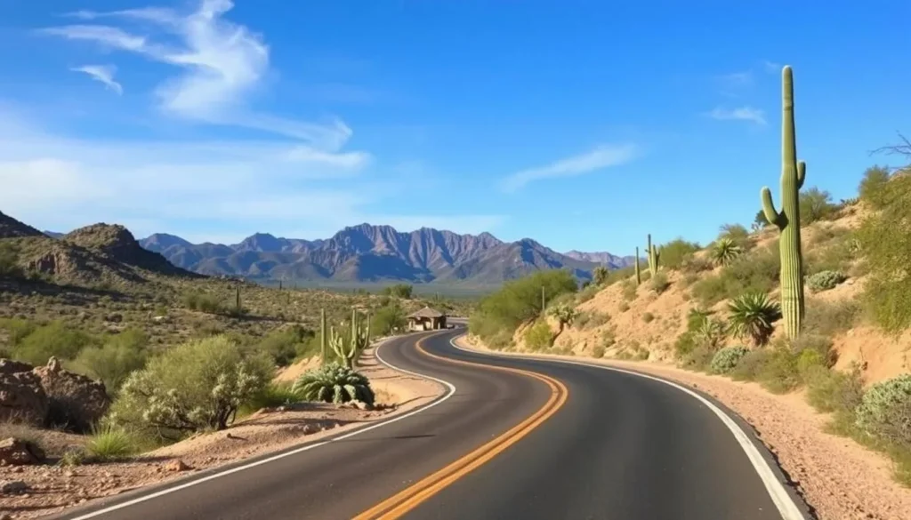Scenic view of the road leading to Santa Rita Mountains Arizona with desert landscape Scenic view of the road leading to Santa Rita Mountains Arizona with desert landscape
