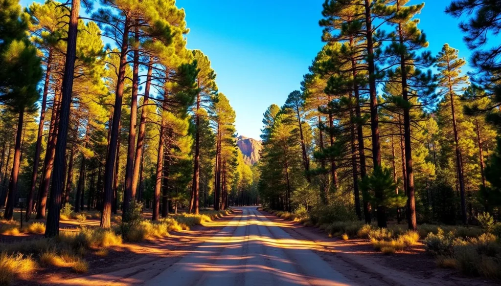 Scenic view of the road leading to Sycamore Canyon through ponderosa pine forest