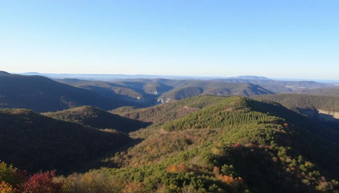 Scenic view of the rolling hills and lush forests along the Tunica Trace Scenic Byway in Louisiana during autumn