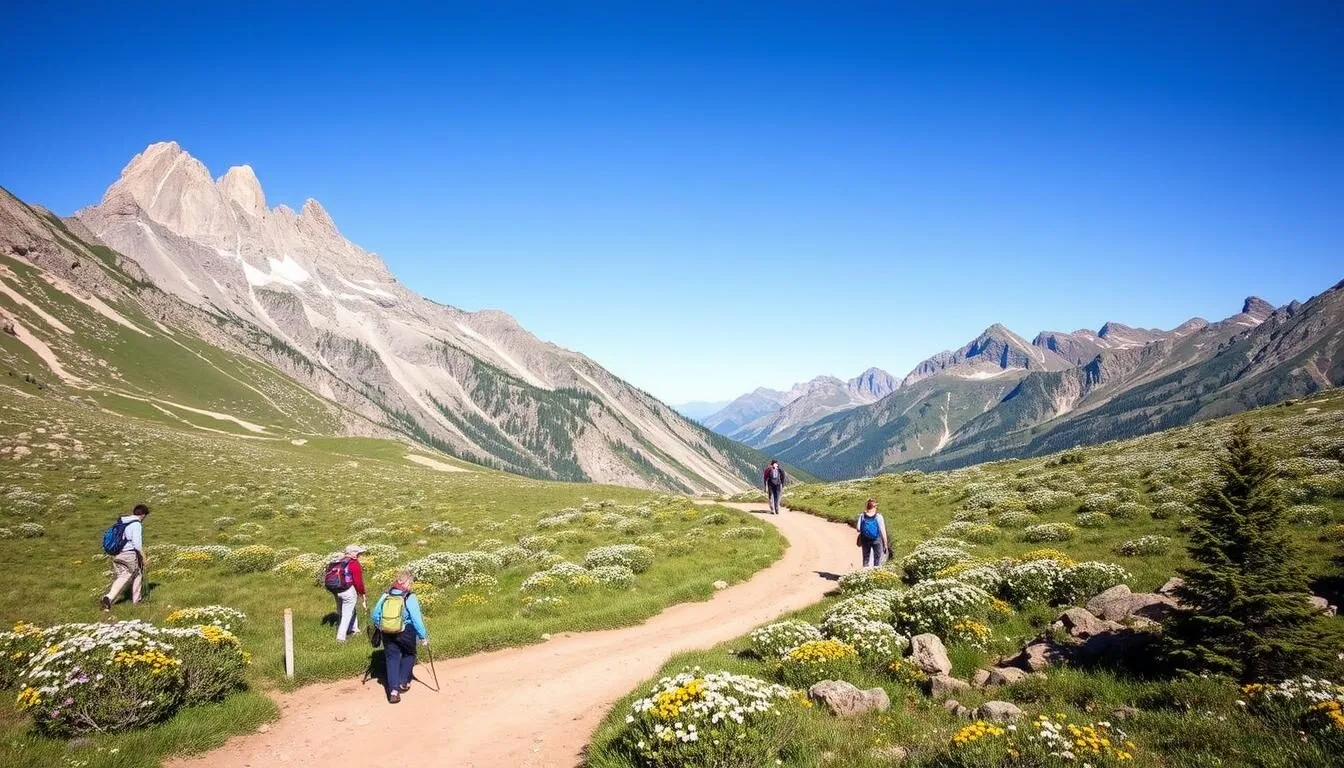 Scenic-view-of-the-trail-leading-to-Conundrum-Hot-Springs-Colorado-with-mountains-in-background Scenic view of the trail leading to Conundrum Hot Springs Colorado with mountains in background