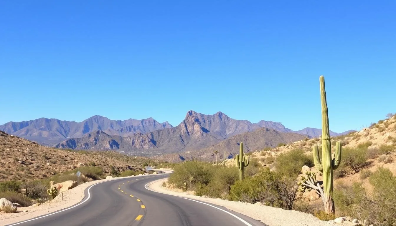 Scenic view of the winding Catalina Highway with desert landscape and mountains in the background