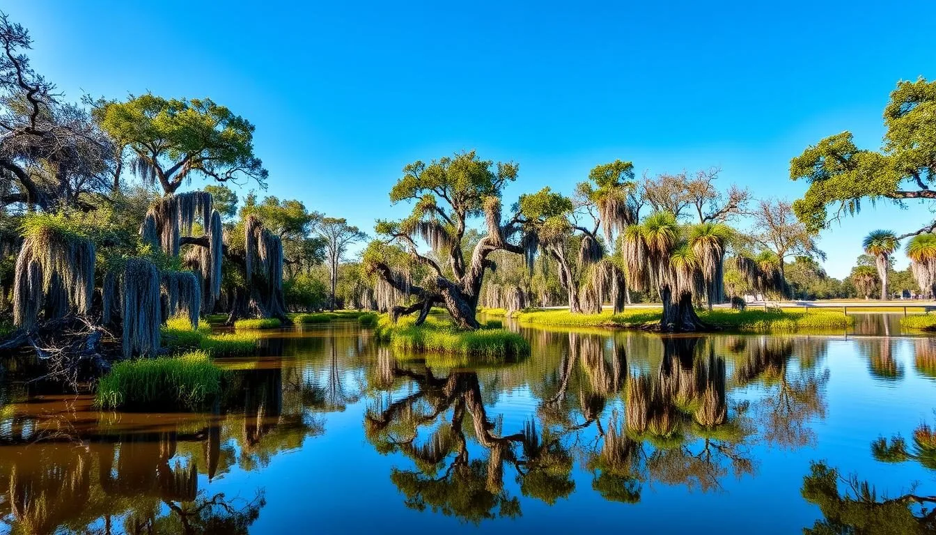 Scenic-waterway-entrance-to-Maurepas-Swamp-Wildlife-Management-Area-with-cypress-trees-and-calm Scenic waterway entrance to Maurepas Swamp Wildlife Management Area with cypress trees and calm water
